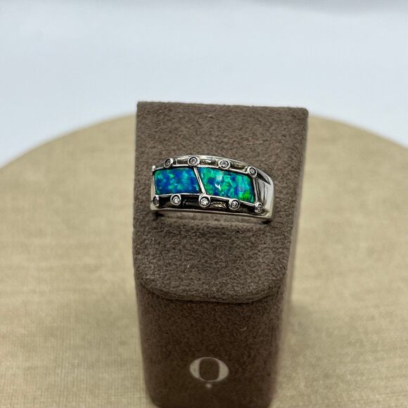 Source Unknown Jewelry - Large Sterling Silver Blue Synthetic Opal Narrow Dome Ring for Women CZ Accent